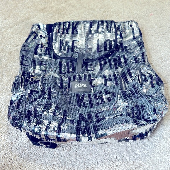 Y2k Victoria's Secret PINK Sequin Bling Backpack Book Bag Travel Silver Black - Picture 1 of 7